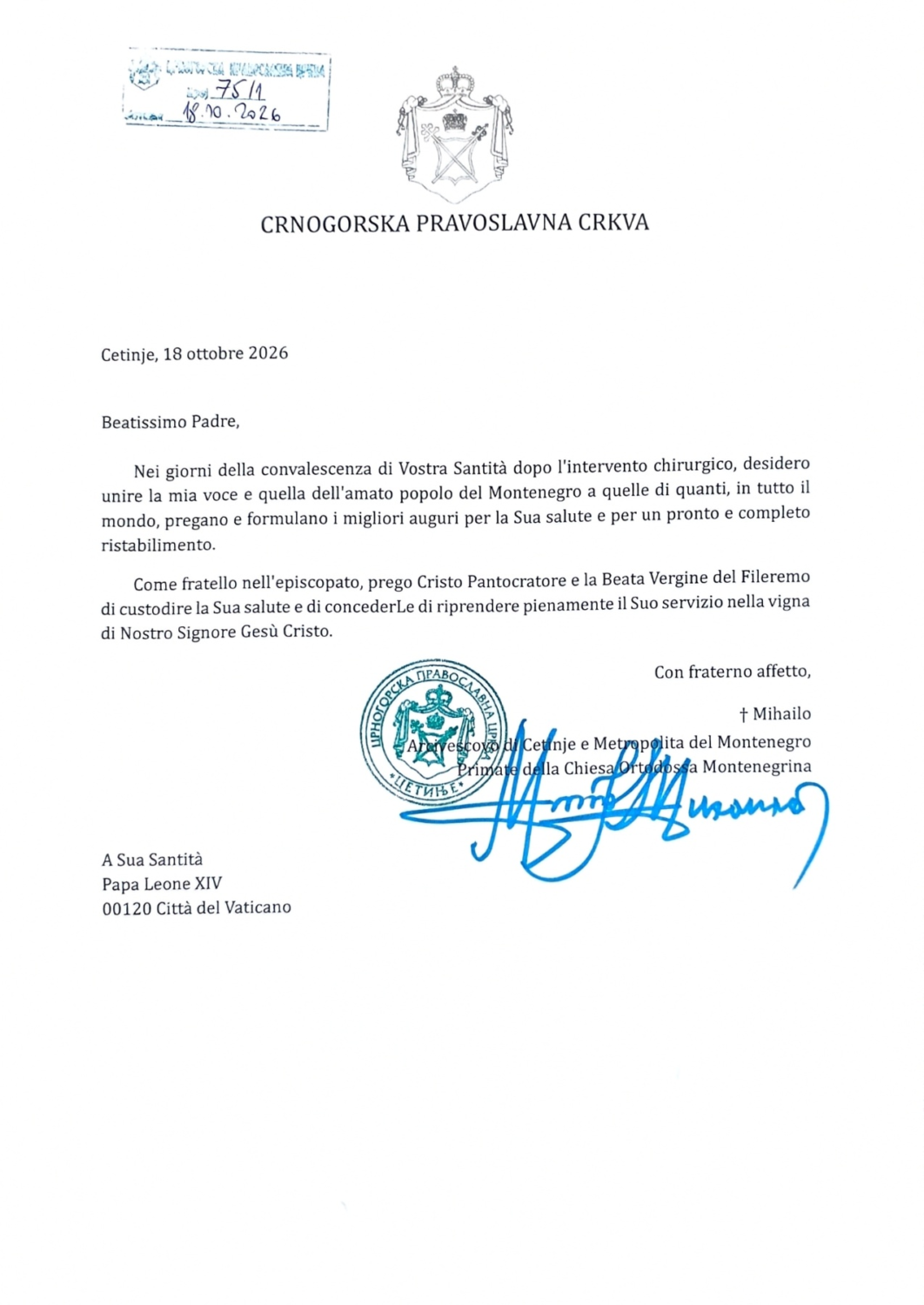Потписано писмо митрополита Михаила папи Лаву XIV на италијанском језику, 18. октобар 2026.